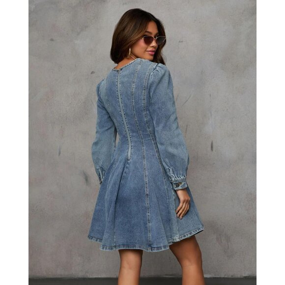Women Denim Dress Long Sleeve Slim Fit Mini Ruffle High Waist Casual - Picture 4 of 6